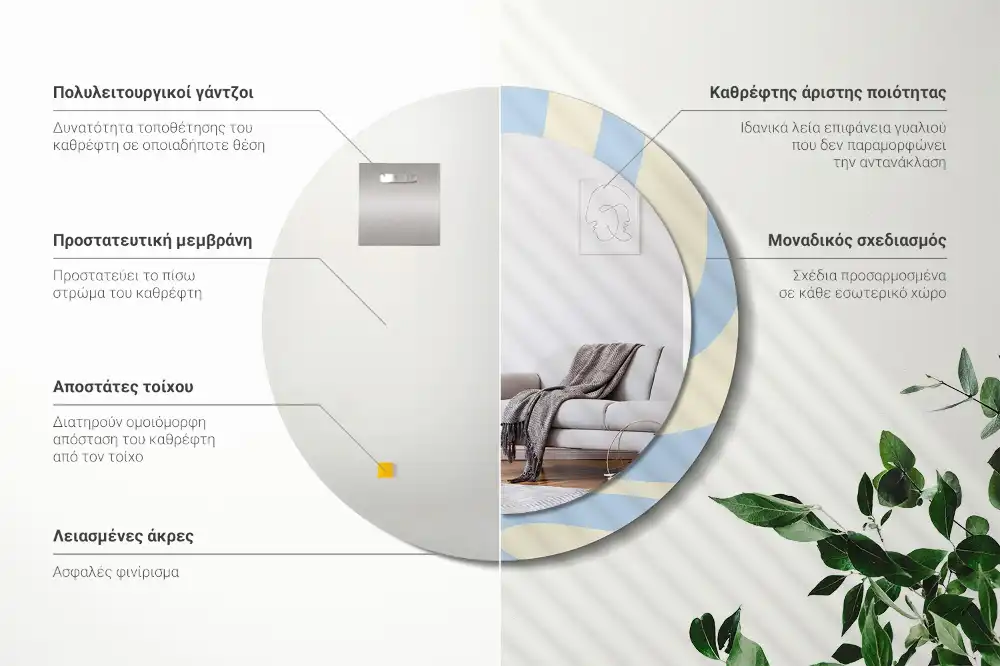 Specchio rotondo con cornice stampata Forma astratta