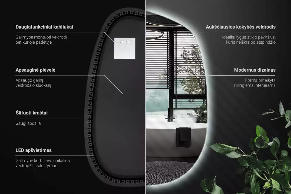 Specchio organico illuminato senza cornice