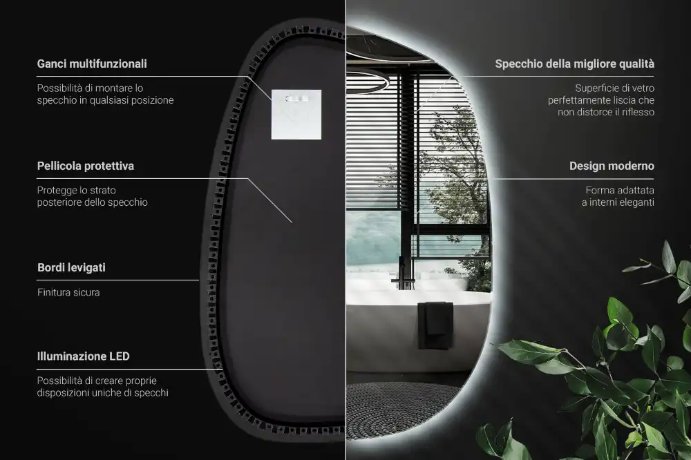 Specchio organico illuminato senza cornice