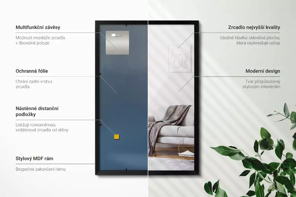 Specchio rettangolare da parete con cornice nera