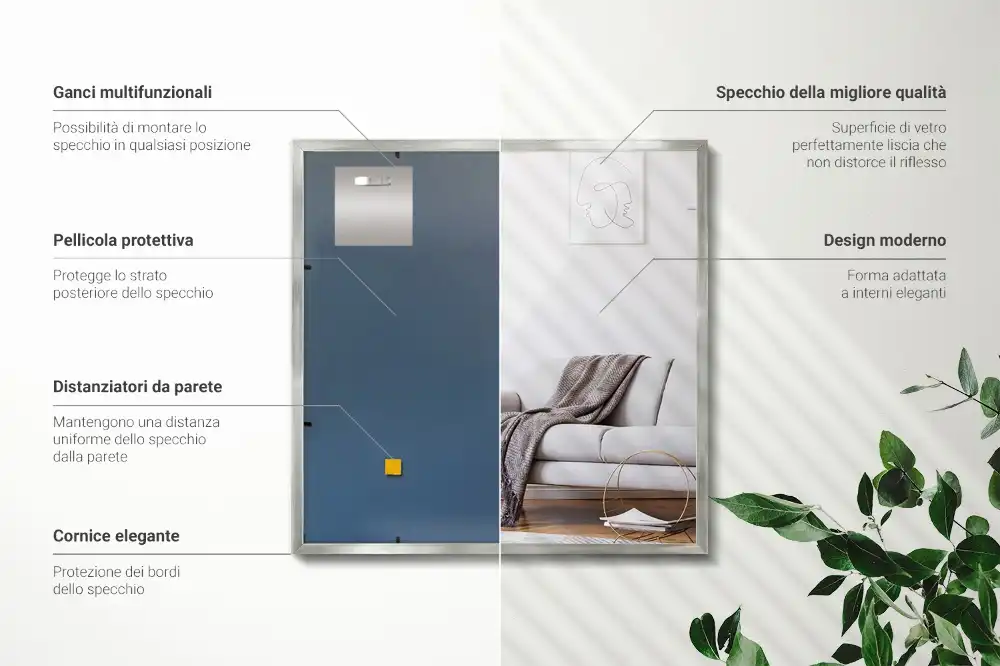 Specchio rettangolare con cornice argentea da parete