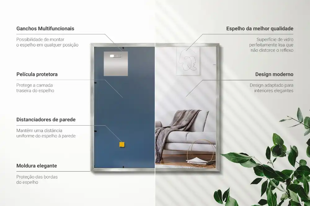 Specchio rettangolare con cornice argentea da parete
