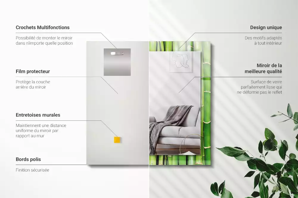 Specchio rettangolare con cornice stampata steli di bambù verde