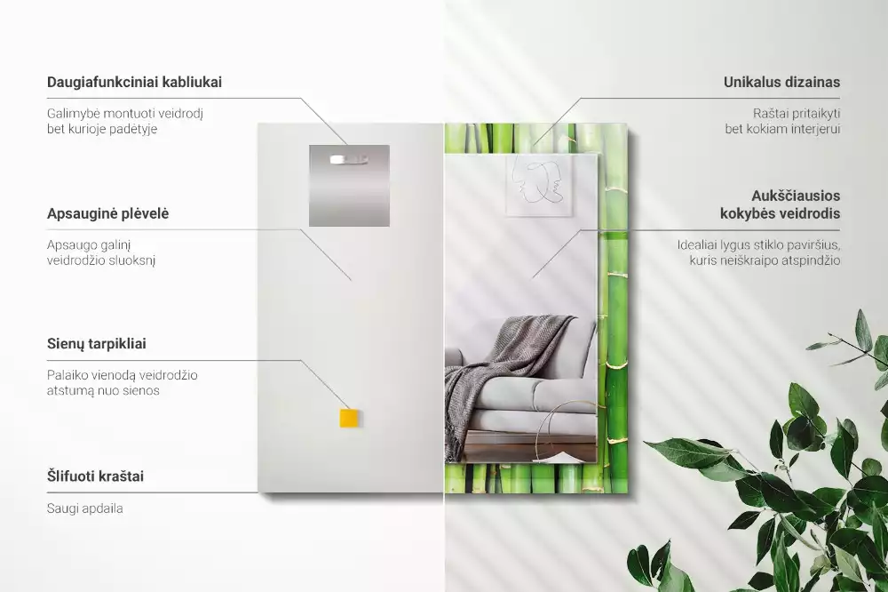 Specchio rettangolare con cornice stampata steli di bambù verde