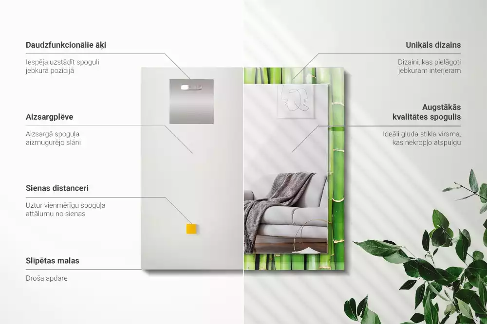 Specchio rettangolare con cornice stampata steli di bambù verde