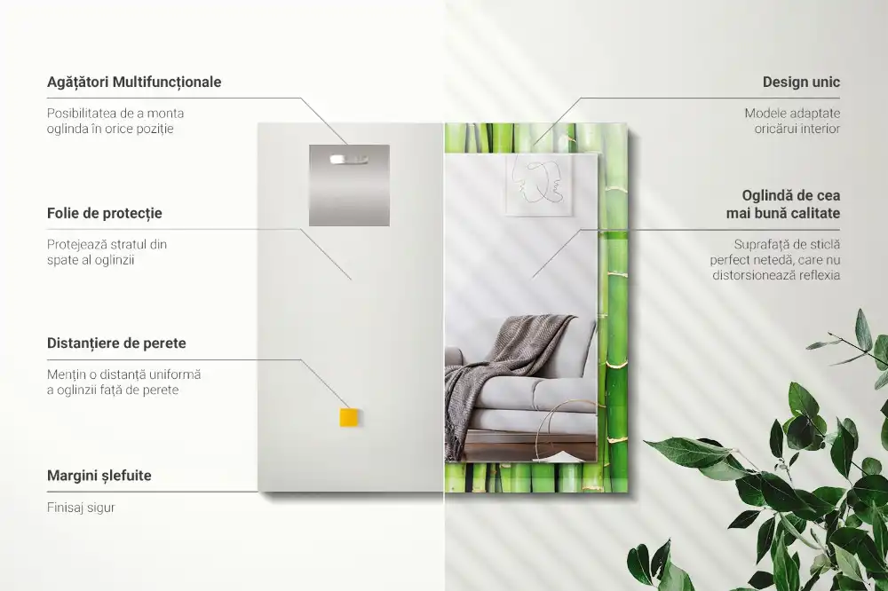 Specchio rettangolare con cornice stampata steli di bambù verde