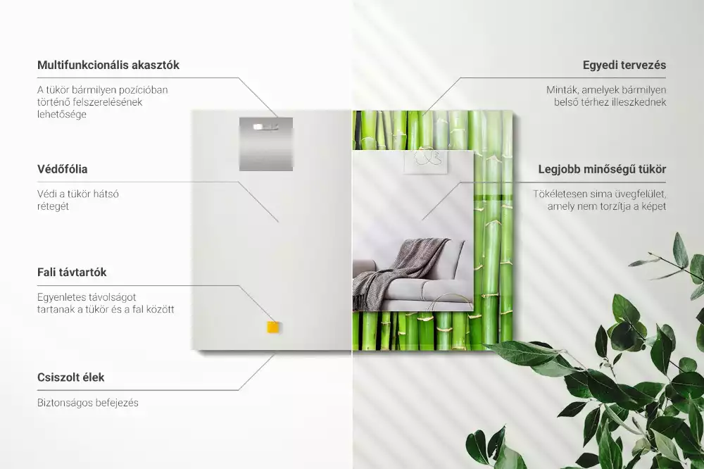 Specchio rettangolare con cornice stampata steli di bambù verde