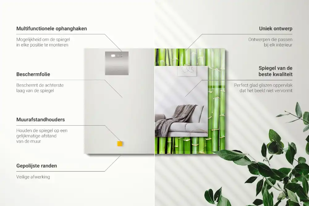 Specchio rettangolare con cornice stampata steli di bambù verde