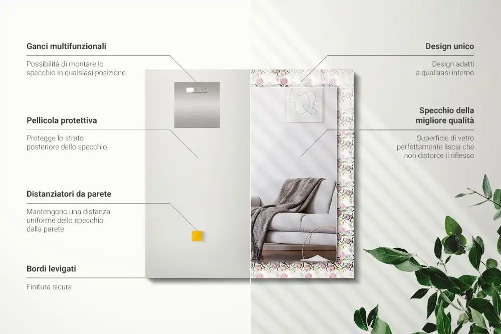 Specchio rettangolare con cornice stampata Motivo floreale