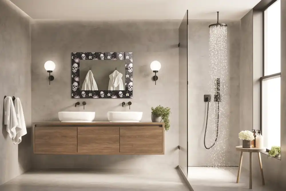 Specchio rettangolare con cornice stampata Teschi e fiori