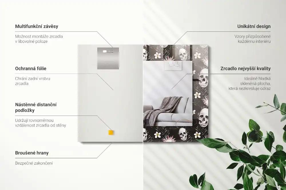 Specchio rettangolare con cornice stampata Teschi e fiori