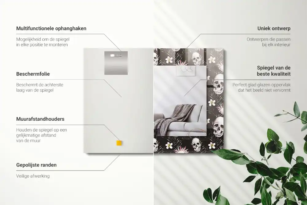 Specchio rettangolare con cornice stampata Teschi e fiori