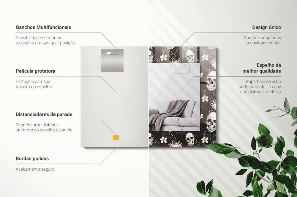 Specchio rettangolare con cornice stampata Teschi e fiori