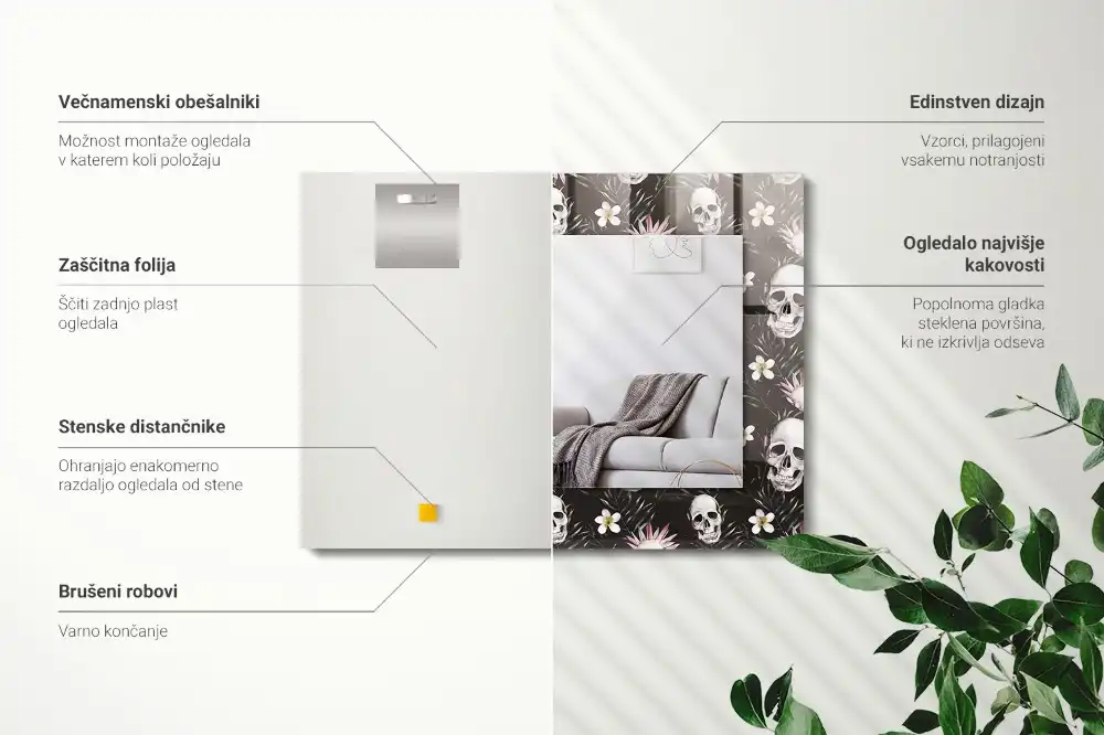 Specchio rettangolare con cornice stampata Teschi e fiori