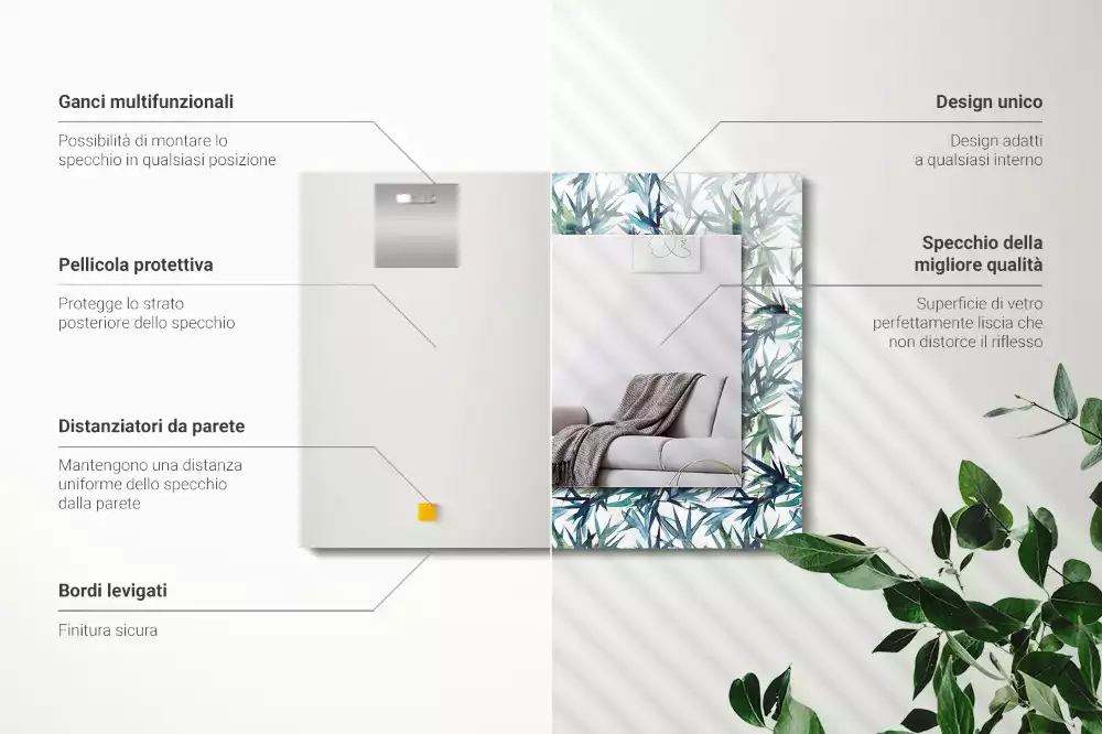 Specchio rettangolare stampato Foglie di bambù acquerello