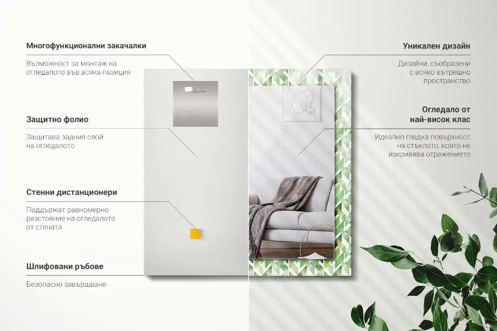 Specchio rettangolare con cornice stampata Motivo geometrico verde