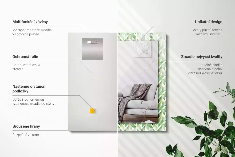 Specchio rettangolare con cornice stampata Motivo geometrico verde