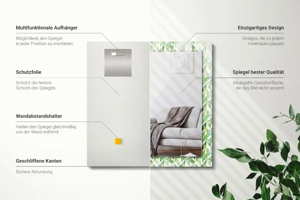 Specchio rettangolare con cornice stampata Motivo geometrico verde