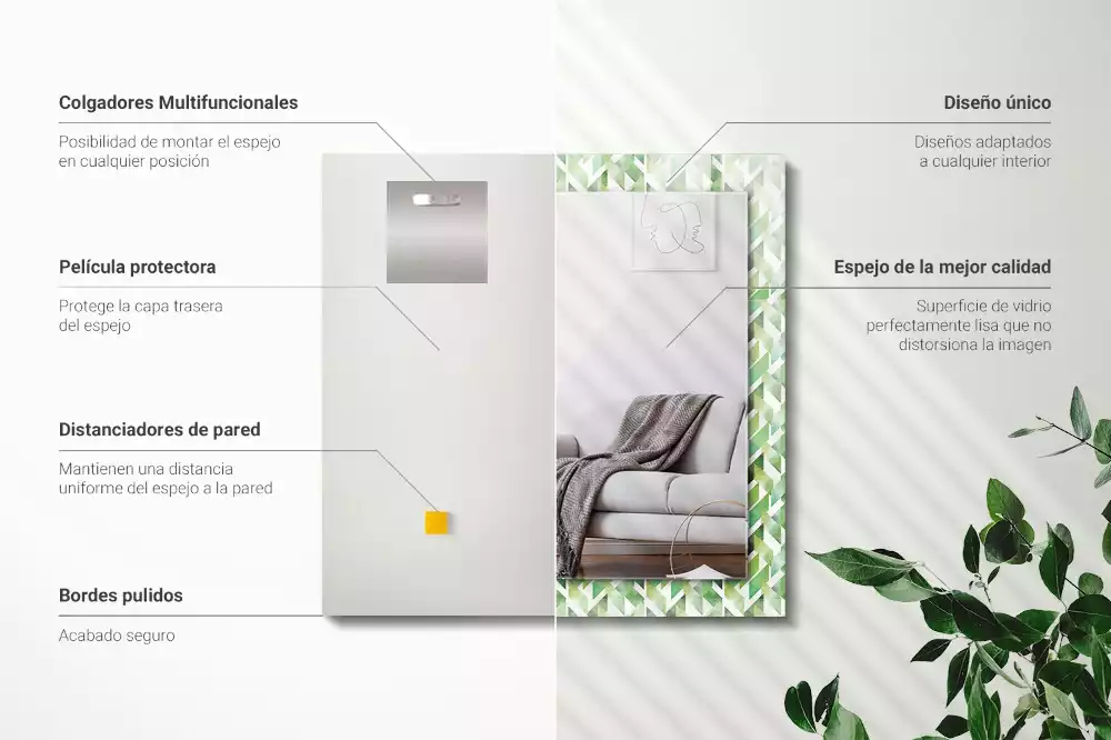 Specchio rettangolare con cornice stampata Motivo geometrico verde