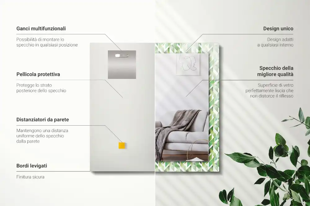 Specchio rettangolare con cornice stampata Motivo geometrico verde