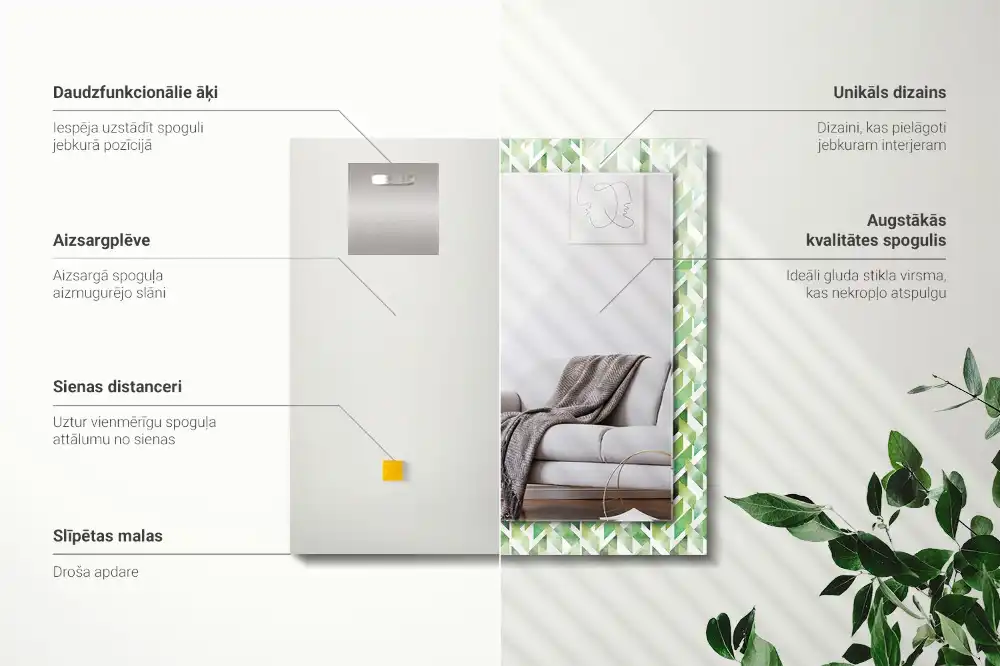 Specchio rettangolare con cornice stampata Motivo geometrico verde