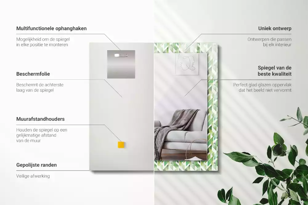 Specchio rettangolare con cornice stampata Motivo geometrico verde