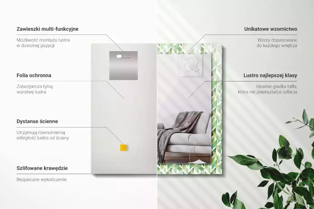 Specchio rettangolare con cornice stampata Motivo geometrico verde