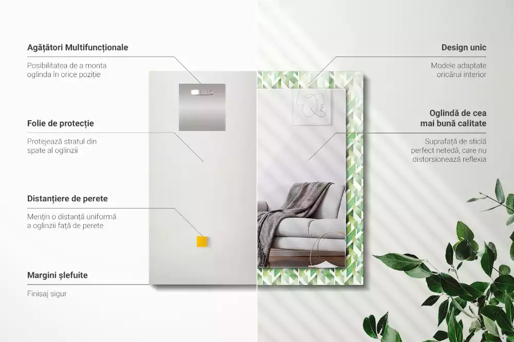 Specchio rettangolare con cornice stampata Motivo geometrico verde