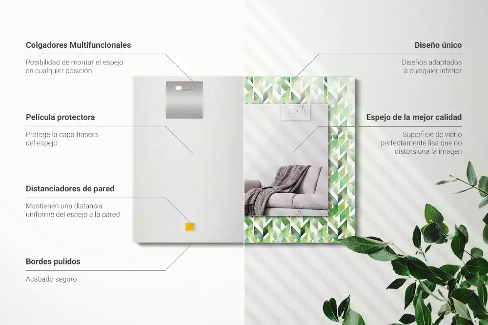 Specchio rettangolare con cornice stampata Motivo geometrico verde