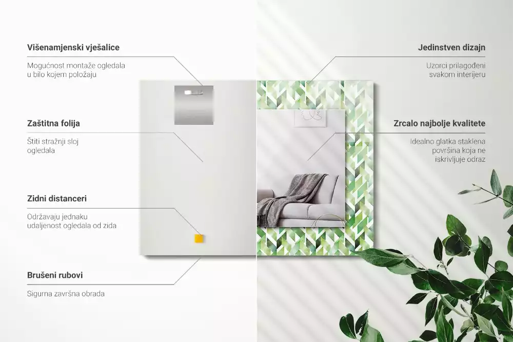 Specchio rettangolare con cornice stampata Motivo geometrico verde