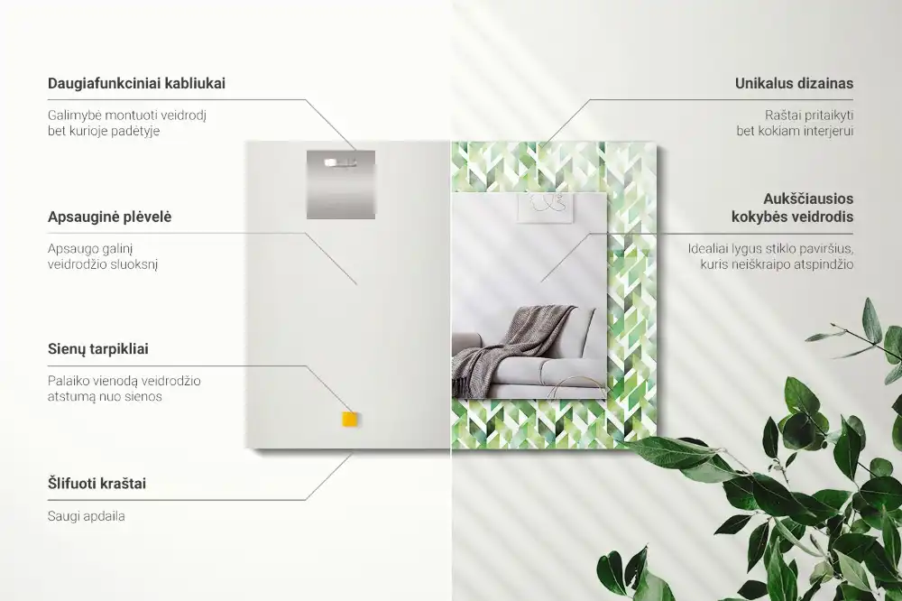 Specchio rettangolare con cornice stampata Motivo geometrico verde