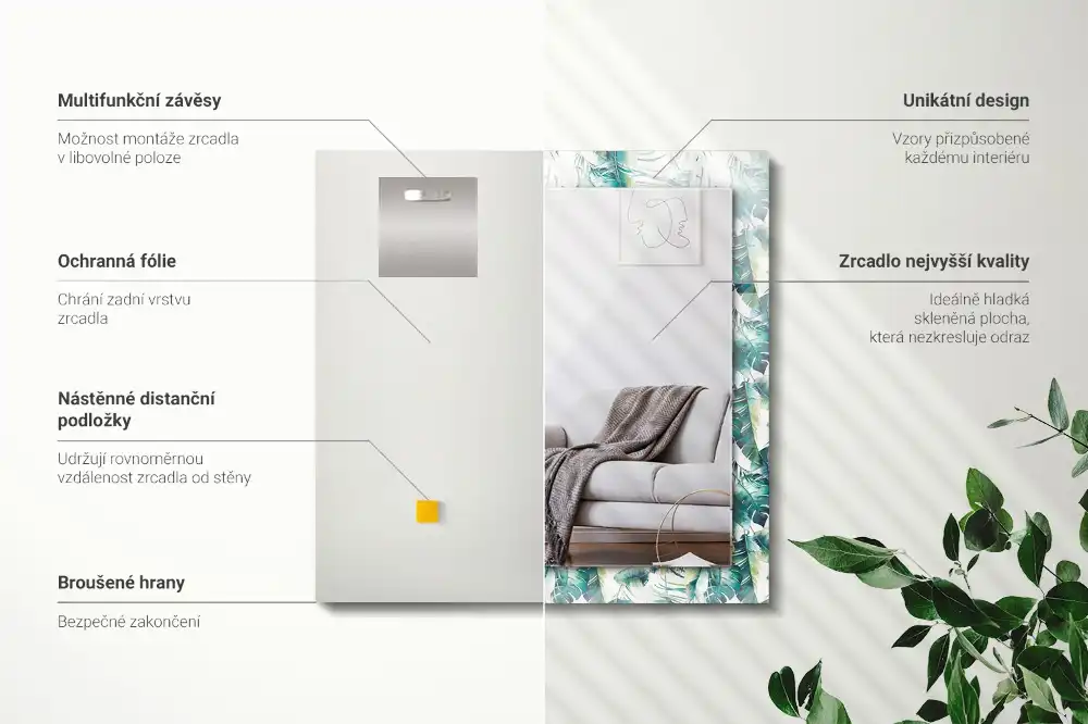 Specchio rettangolare stampato Foglie tropicali verdi