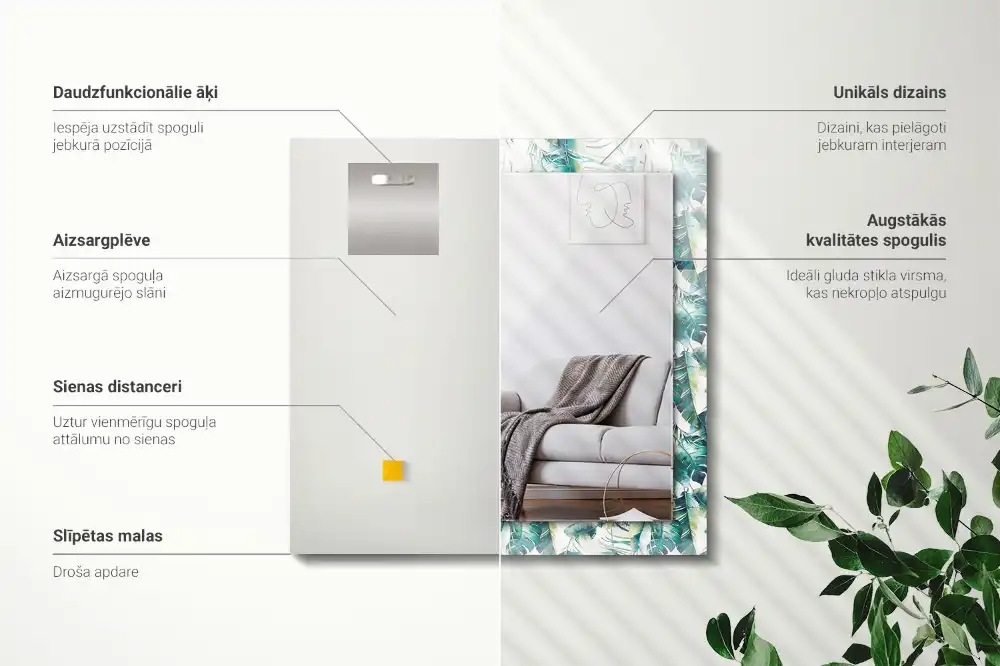 Specchio rettangolare stampato Foglie tropicali verdi