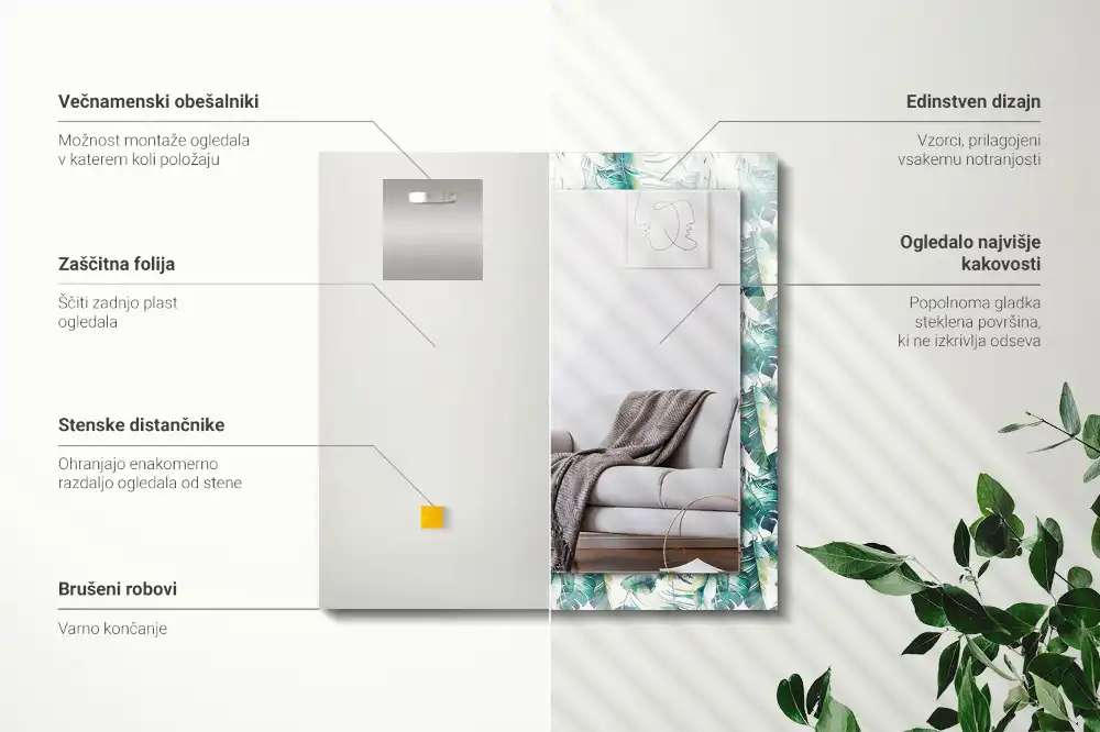 Specchio rettangolare stampato Foglie tropicali verdi