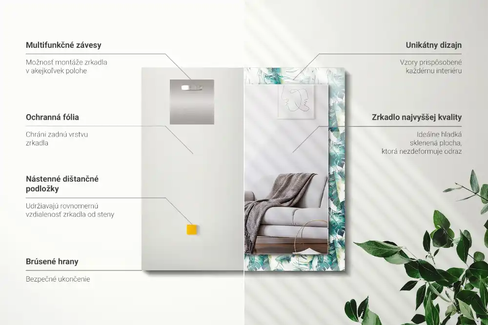 Specchio rettangolare stampato Foglie tropicali verdi