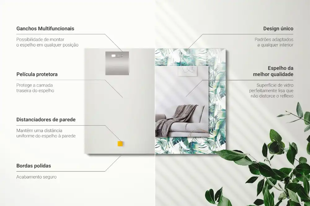 Specchio rettangolare stampato Foglie tropicali verdi