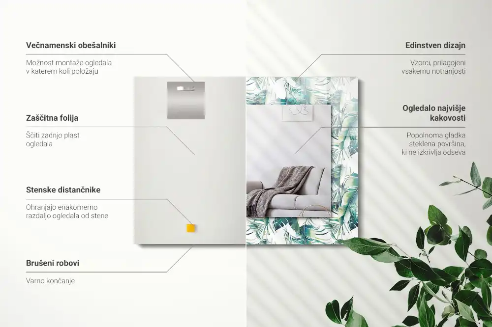 Specchio rettangolare stampato Foglie tropicali verdi