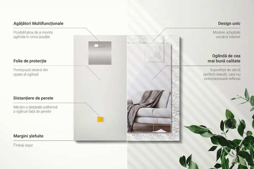 Specchio rettangolare con cornice stampata Motivo floreale monocromatico