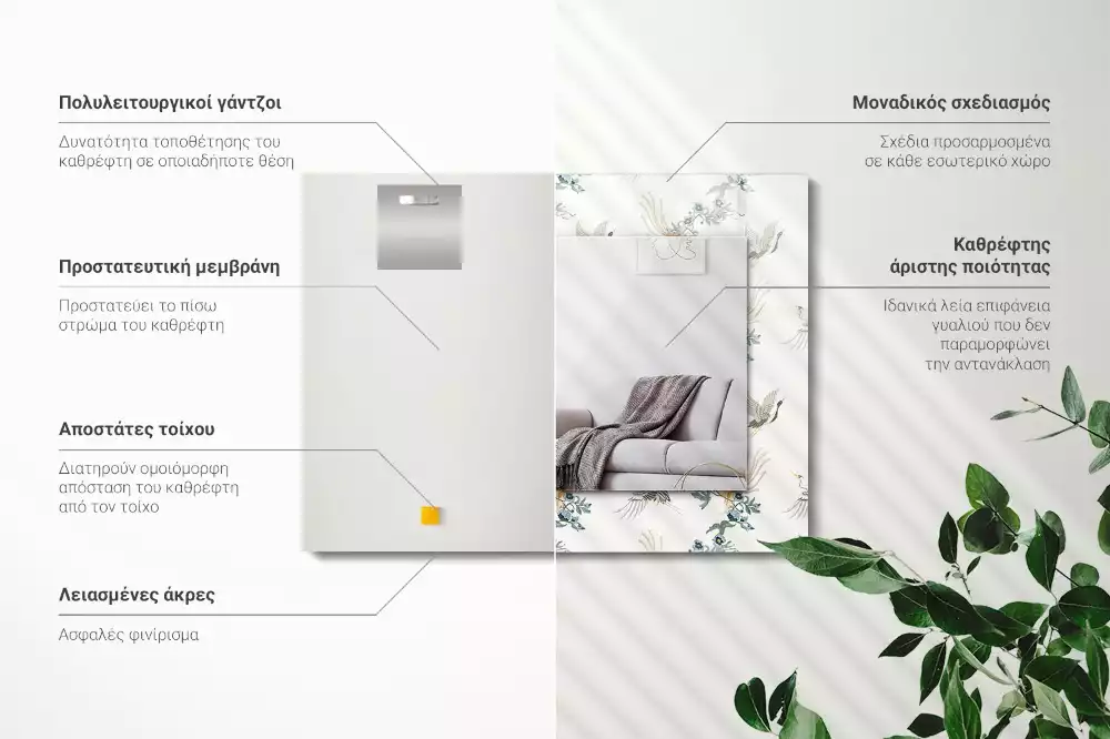 Specchio rettangolare stampato Uccelli e fiori