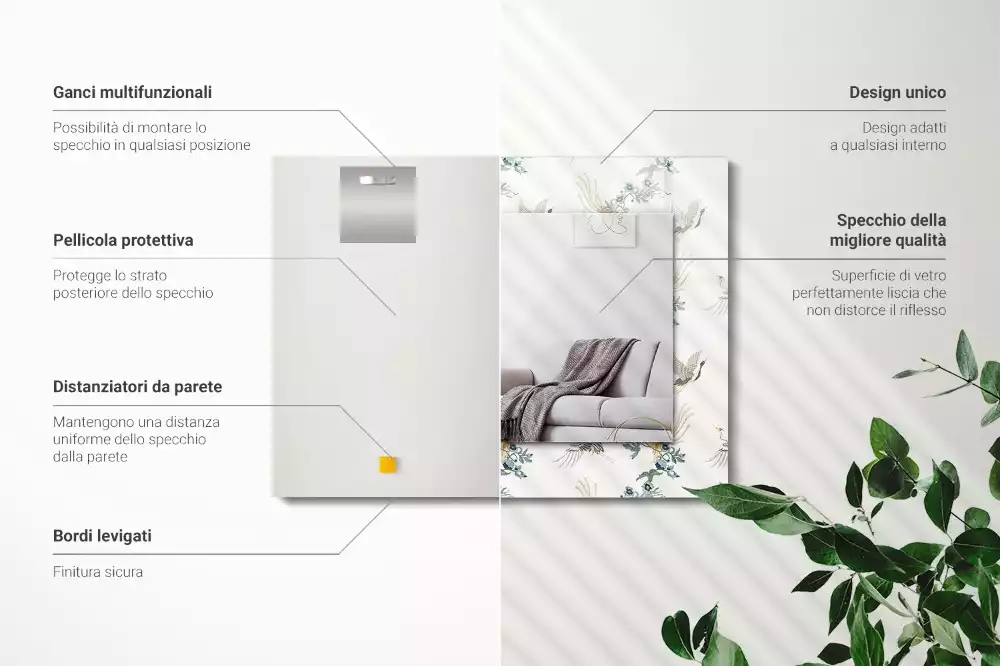 Specchio rettangolare stampato Uccelli e fiori