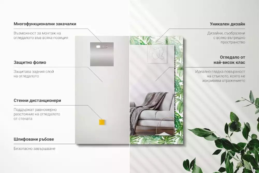 Specchio rettangolare con cornice stampata Foglie tropicali verdi