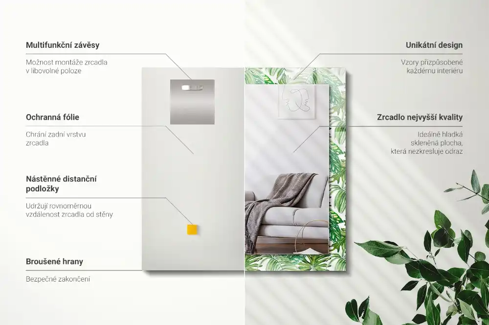 Specchio rettangolare con cornice stampata Foglie tropicali verdi