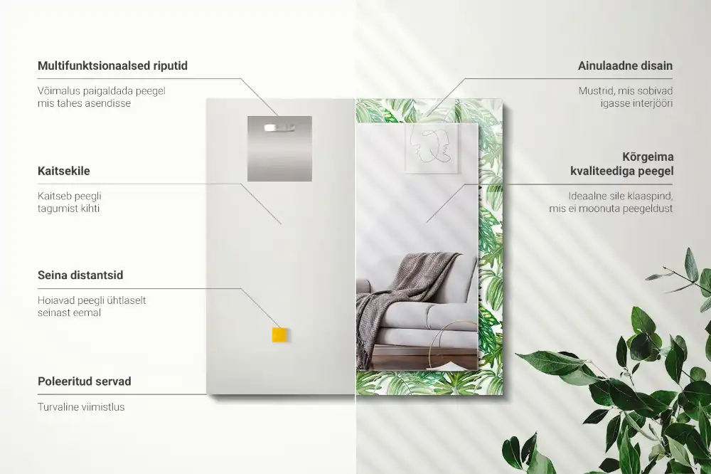 Specchio rettangolare con cornice stampata Foglie tropicali verdi