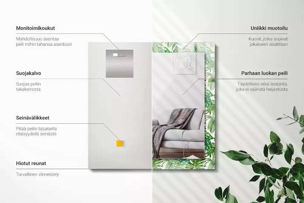 Specchio rettangolare con cornice stampata Foglie tropicali verdi