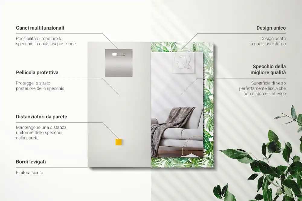 Specchio rettangolare con cornice stampata Foglie tropicali verdi