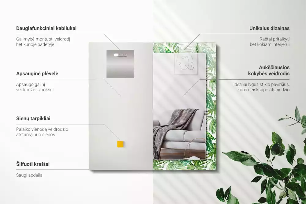 Specchio rettangolare con cornice stampata Foglie tropicali verdi