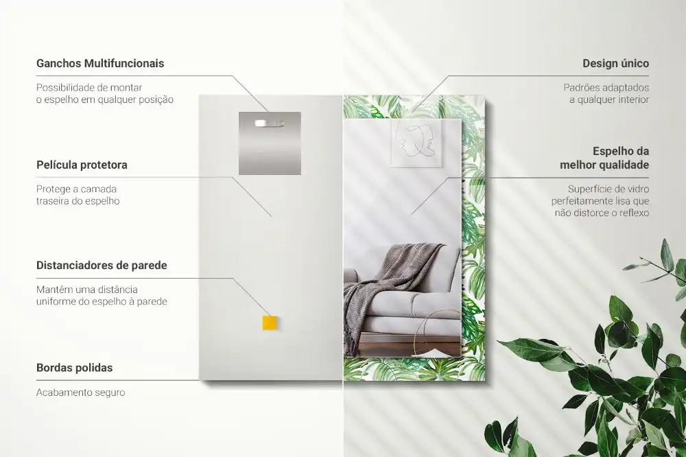 Specchio rettangolare con cornice stampata Foglie tropicali verdi