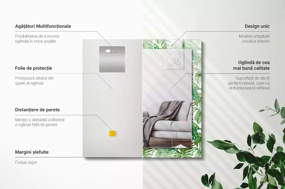 Specchio rettangolare con cornice stampata Foglie tropicali verdi