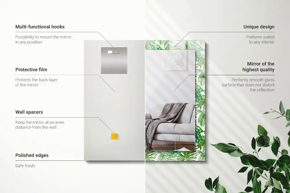 Specchio rettangolare con cornice stampata Foglie tropicali verdi