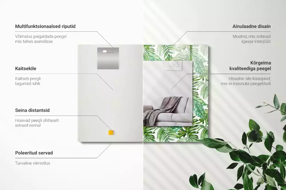 Specchio rettangolare con cornice stampata Foglie tropicali verdi